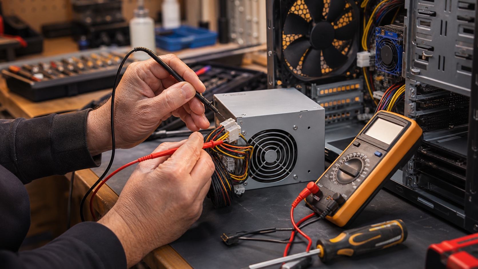 Tecnica esegue la diagnosi di un guasto hardware con strumenti di misura su un PC aperto