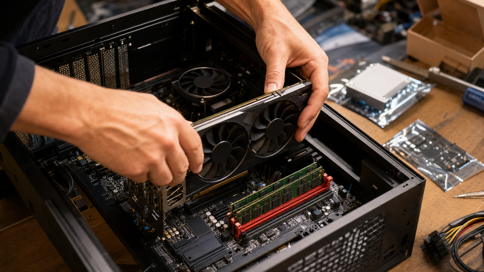 Installazione di una scheda video e memoria RAM durante un upgrade hardware