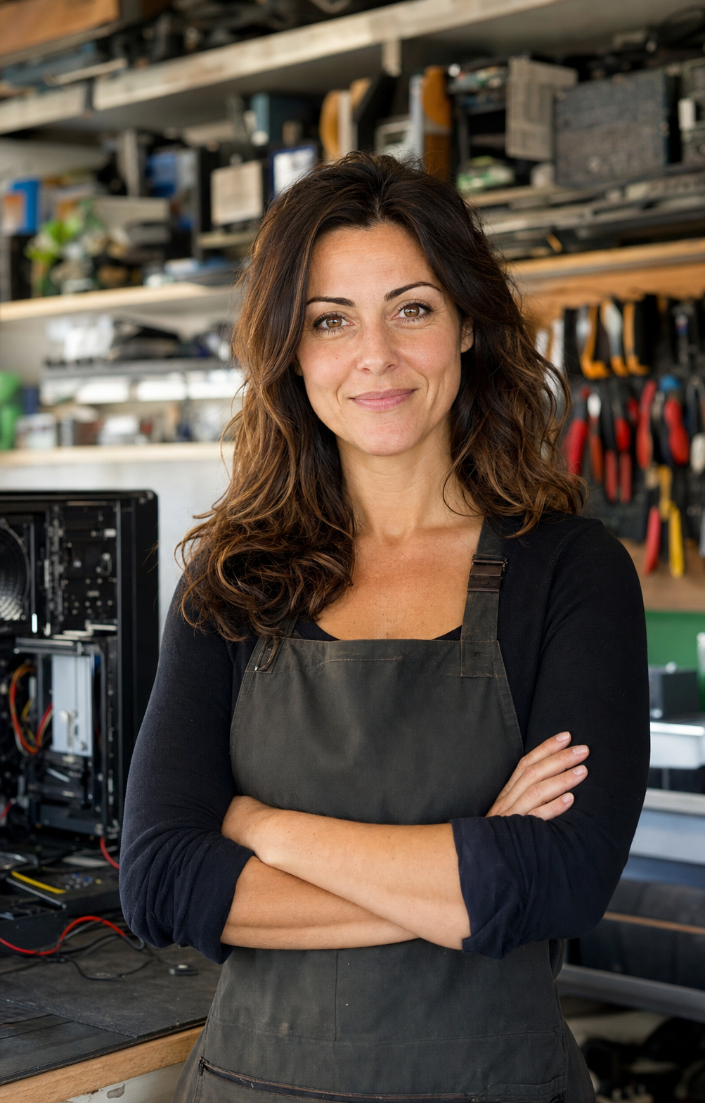 Valentina Greco, titolare de La Cavetteria, nel laboratorio di assemblaggio PC a Rovigo